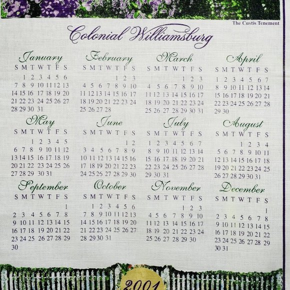Vintage 2001 Colonial Williamsburg VA Calendar Towel Custis Tenement & Gardens - Picture 7 of 9